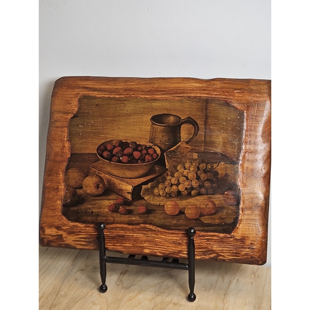 Vintage Henk Bos Dutch Still Life Fruit Art Wood Wall Plaque Signed 14.5x11